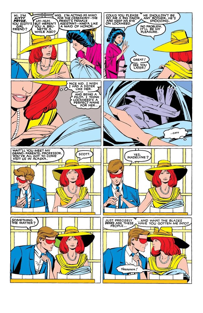 Madelyne Pryor grabbing Scott Summers by his tie and asking him what he’s gotten her into after Kitty Pryde hands her Lockheed.