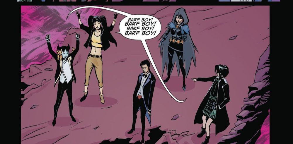 Two girls and a witch boy chanting “barf boy” at Zachary Zatara while Raven watches.