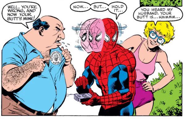 Some guy with a badge and his wife harass Spider-Man about his fantastic butt.