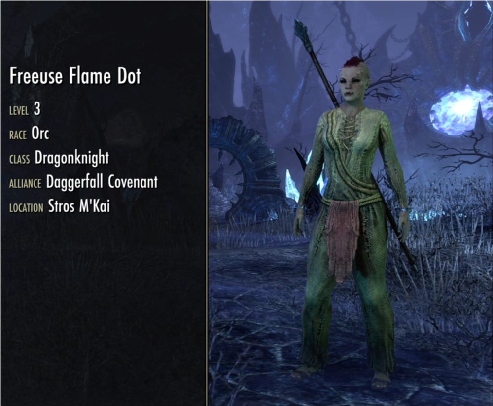 Screenshot of a new character created in the game Elder Scrolls Online. She is an Orc Dragonknight, level 3, and her name is 'Freeuse Flame Dot'