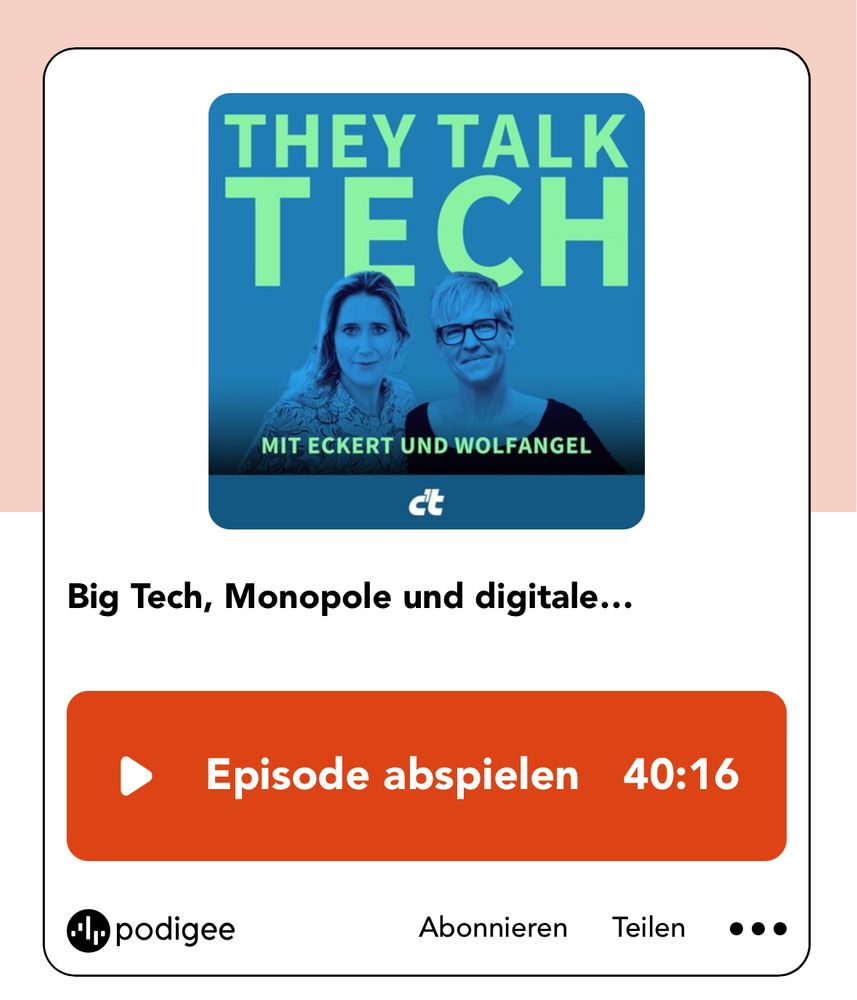 THEY TALK TECH
 MIT ECKERT UND WOLFANGEL
 ct
 Big Tech, Monopole und digitale...
 Episode abspielen
 40:16 min