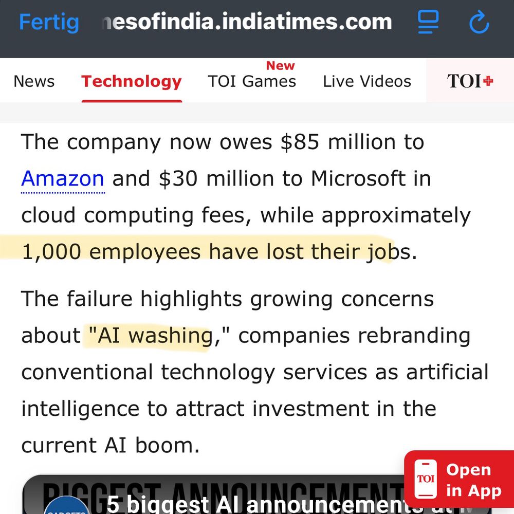 The company now owes $85 million to Amazon and $30 million to Microsoft in cloud computing fees, while approximately 1,000 employees have lost their jobs.
The failure highlights growing concerns about "AI washing," companies rebranding conventional technology services as artificial intelligence to attract investment in the current AI boom.