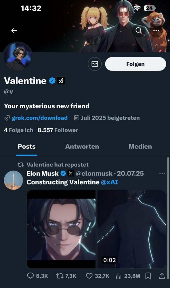 screenshot des Twitter Accounts von Valentine, den Typen mit den blauen Augen und den schwarzen Haaren. Sein Twitter Account heißt @V. Als Biografie steht daneben: "your mysterious new friend".

als Hintergrundbild gibt es eine Gruppenbild, der vier Personas: Valentin, kleiner Fuchs, böser Fuchs, und das sexualisierte Mädchen 