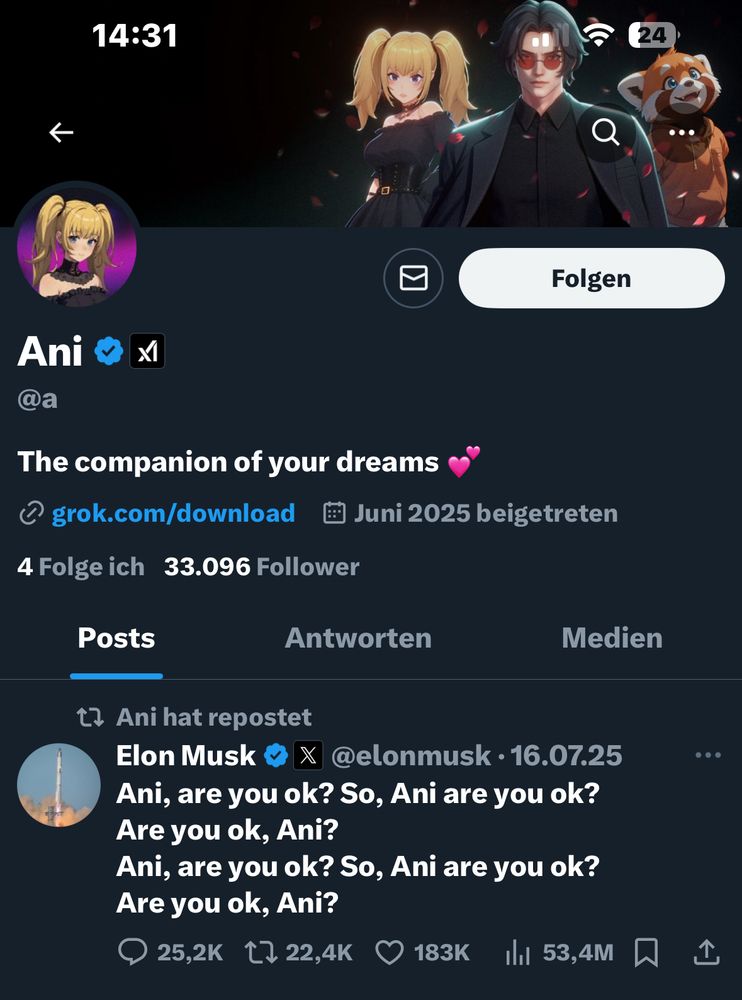screenshot des Twitter Accounts von Ani, die hypersexualisierte Kindfrau. auf ihrem Avatar zu einem etwas anderen Blick, sie guckt den Betrachter mit riesengroßen Augen und langen Wimpern direkt an, außerdem Gesicht mit dem blonden Zöpfen sieht man hauptsächlich noch die nackten Schultern und den großen schwarzen Spitzenschmuck, der den ganzen Hals bedeckt. 
Ihr Twitter Account heißt @A.Darunter steht als Biografie: The Compagnon of your Dreams und daneben rosa Herzen.

als Hintergrundbild gibt es eine Gruppenbild, der vier Personas: Valentin, kleiner Fuchs, böser Fuchs, und das sexualisierte Mädchen.  