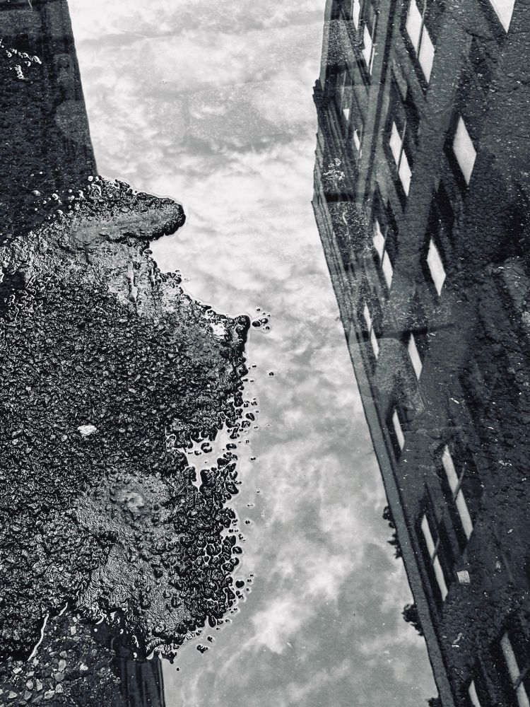 Reflection of clouds and a building in a puddle in the middle of a street 