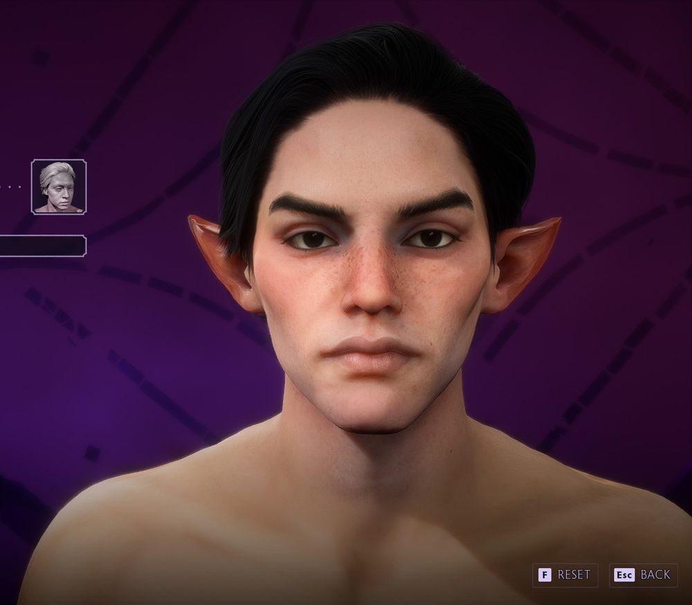 Render of character from a character creation (veilguard dragon age) front profile, elf with short black hair.
