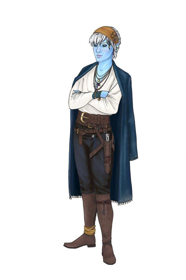 Drawing of a fantasy character. Character is staring with arms crossed. They have blue skin and large black eyes. They are wearing a white shirt, lots of jewelry and belts with black pants and brown knee high boots. They have a dark blue coat draped over their shoulders and a yellow bandana on their head. 