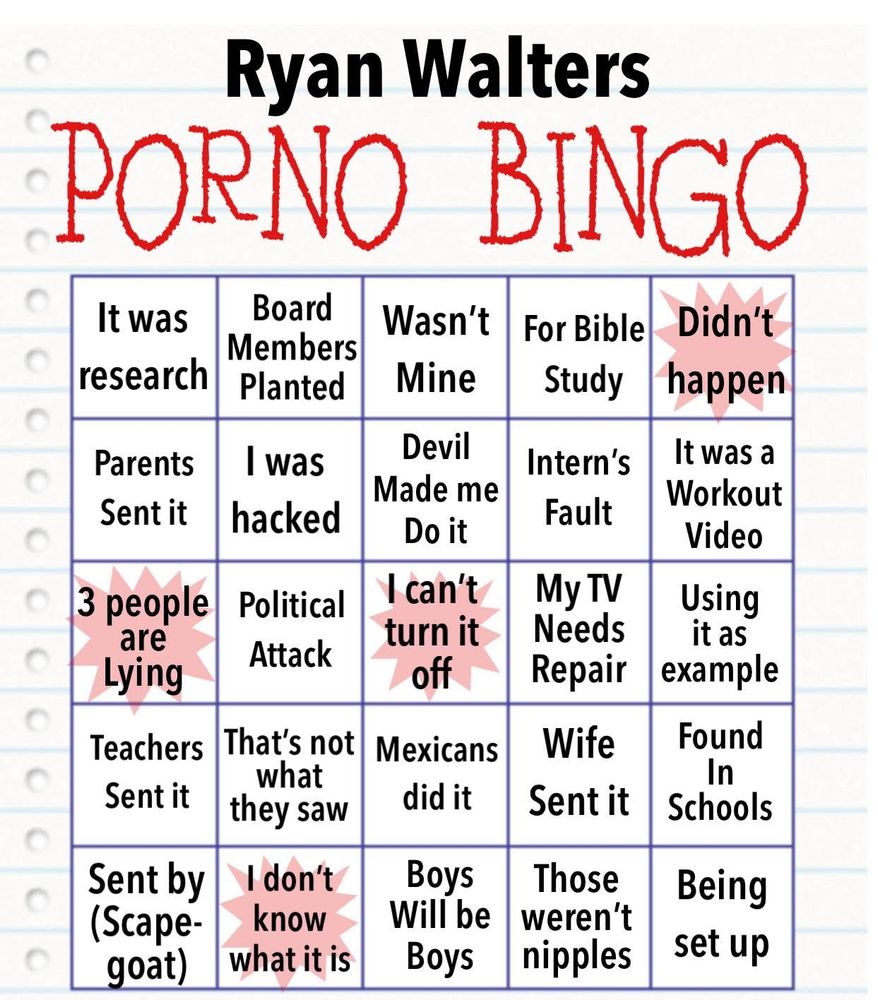 A Ryan Walters Porno Bingo card with all the possible excuses he might try to use to explain away the porn showing on his office TV during the OK state school board executive session 
