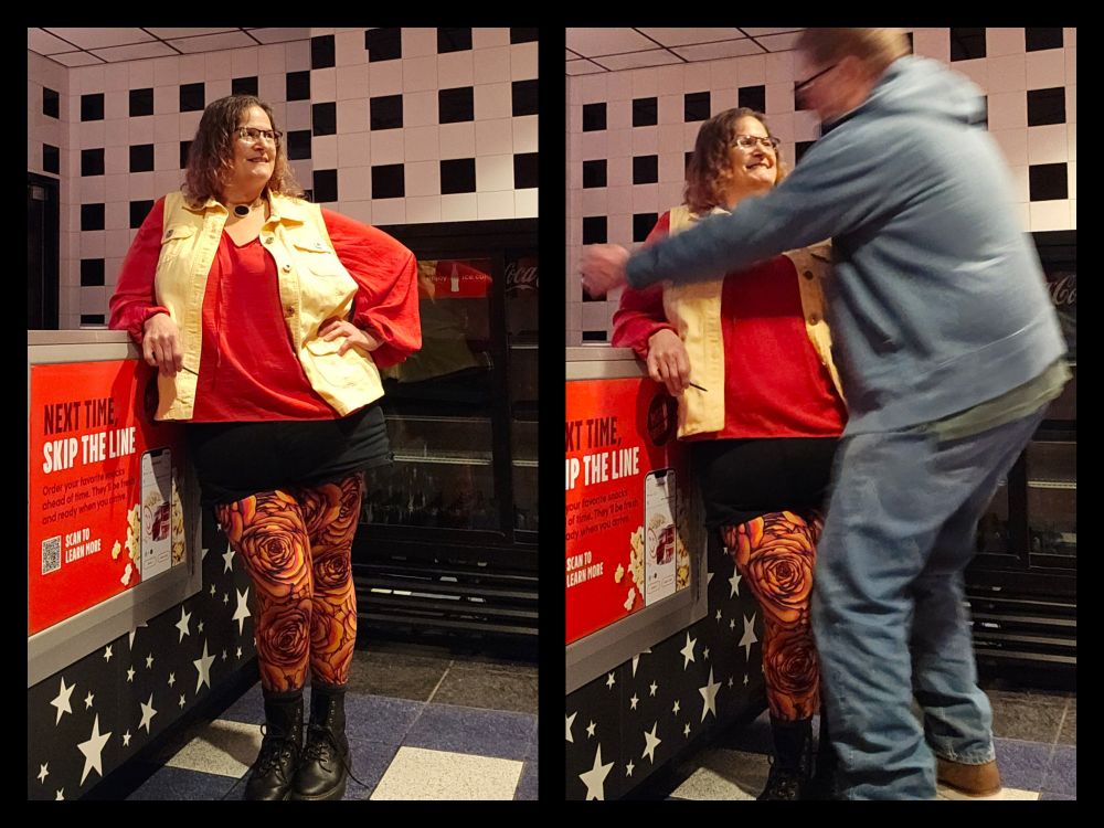 A photo collage of a white woman in red, orange and yellow tights with a red shirt and yellow vest, then a second photo of her with a white man rushing in to hug her