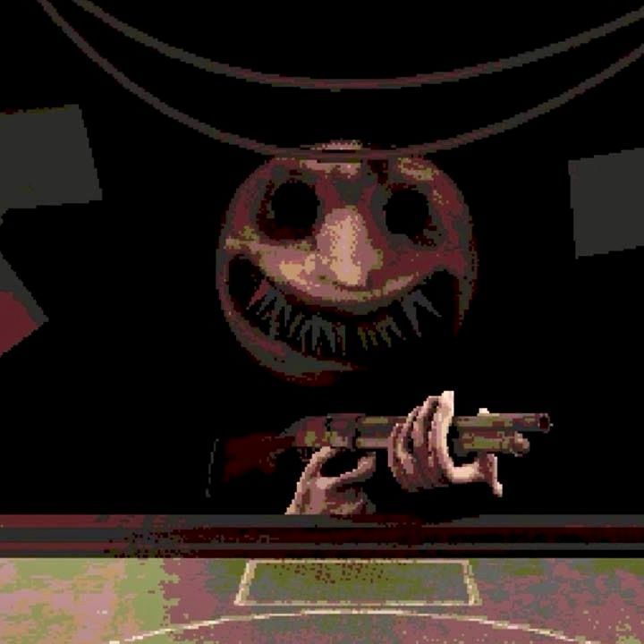 The “Dealer,” a round, grinning mask with dozens of sharpened teeth, loads cartridges into a shotgun. From the Buckshot Roulette video game by Mike Klubnika.  