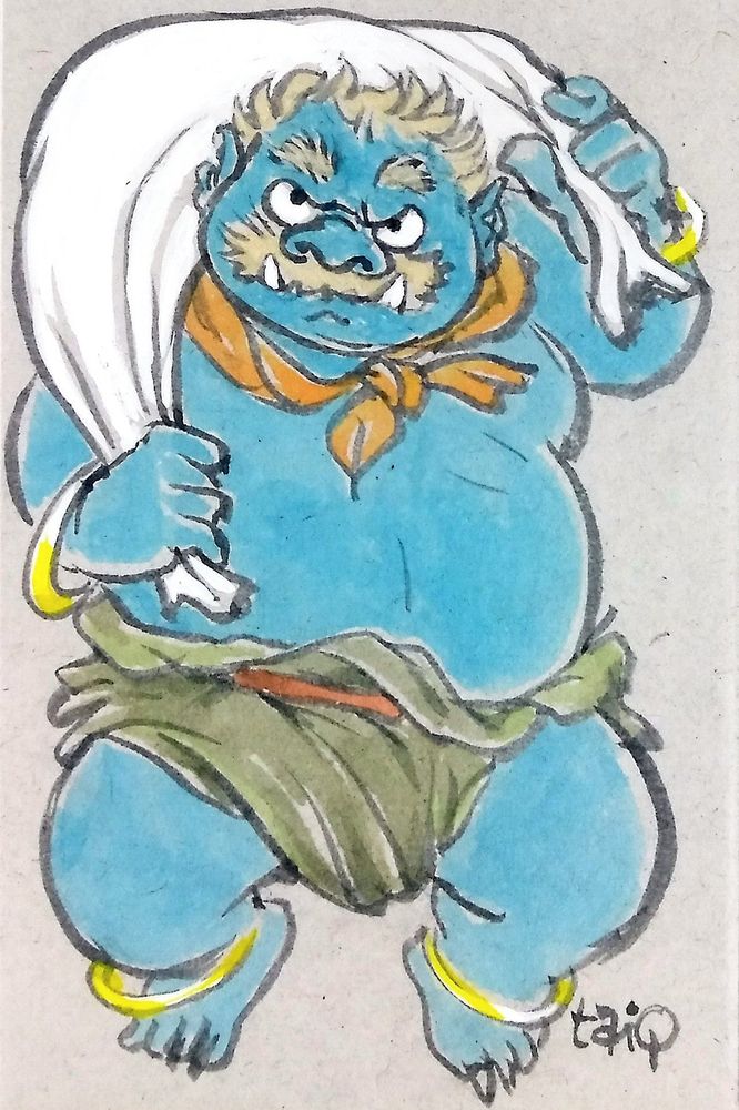 風の入った白い袋を担いだ青い身体の風神。