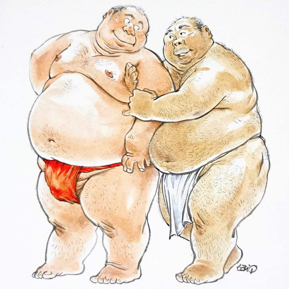 太った二人の男。赤の六尺をした男の腕に、白の越中を締めた毛の多めの男が両手を回して寄り添っている。見つめ合う二人。