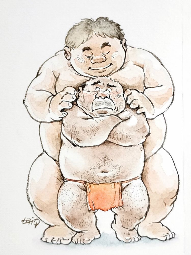 腕組みをして困った表情の太ったおじさんの背後から、頭ひとつ分背の高い太った若者が上からのぞき込むようにしておじさんの両肩に手を置いている。おじさんは赤い越中をしている。