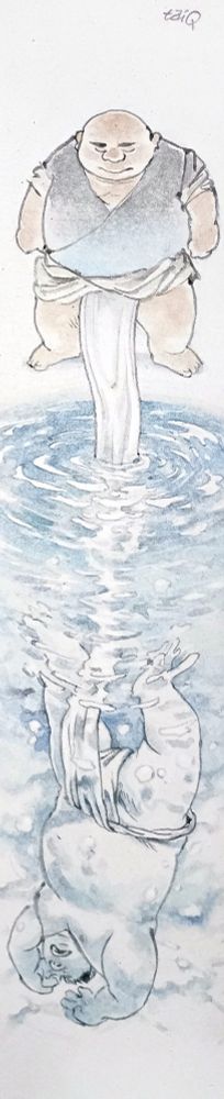 とても縦に細長い画面。水辺に立つ太った禿頭の男が締めた白い六尺の長い前垂れが水の中に入り、それがそのまま水中で逆さまになっている太った男の六尺の前垂れになっている。