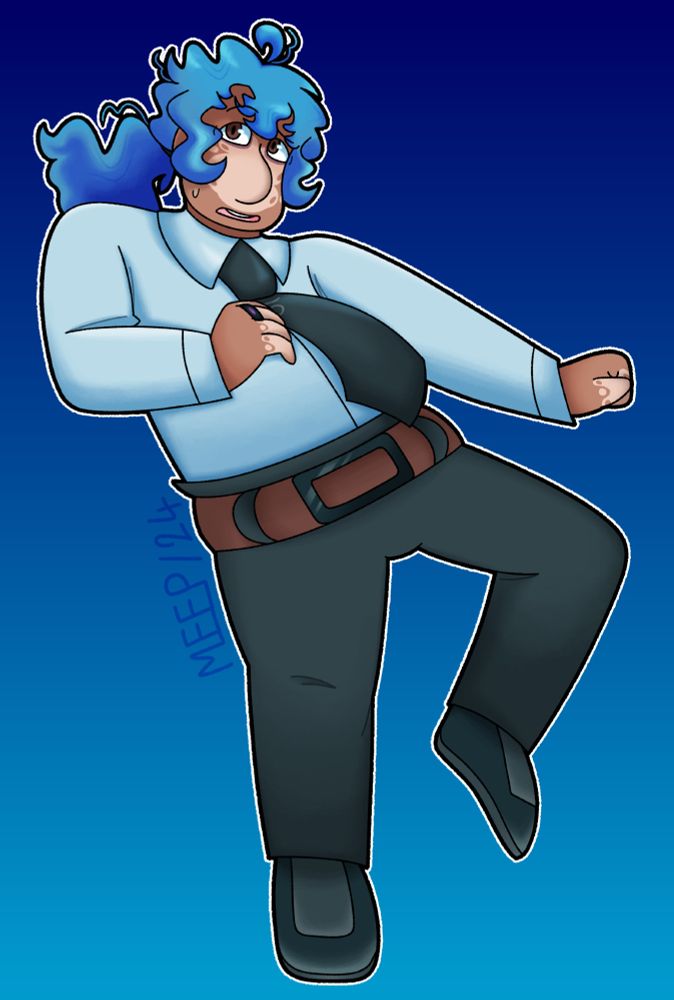 Drawing of a humanised Agent with a black and white outline surrounding and a blue gradient background. They are floating and posing nervously as they look not directly at the viewer. They have wavy-curly blue hair with curls sticking outwards. They have vitiligo across their face and hands and they have a black + purple ring on their right hand. They wear a light blue shirt with a black tie along with black work pants with a brown belt. They also wear black work shoes.