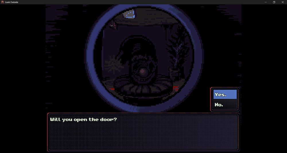 Screenshot of Look Outside, showing an image of a peephole and what seems like a clown behind it.