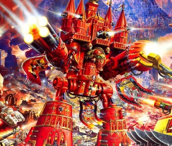 A drawing of a gigantic walking titan robot called an imperator titan from the game Warhammer 40k. It is an emperor titan and yes thats a large church like structure astride is shoulders . its a bloody stupid giant walking machine is what it is