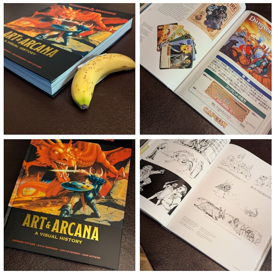 A Collage of 4 pictures showing 
1) A bannana for scale demonstrating the size of the book
2)the art inside some of the pages
3)The Cover of the book
4)more art inside. 