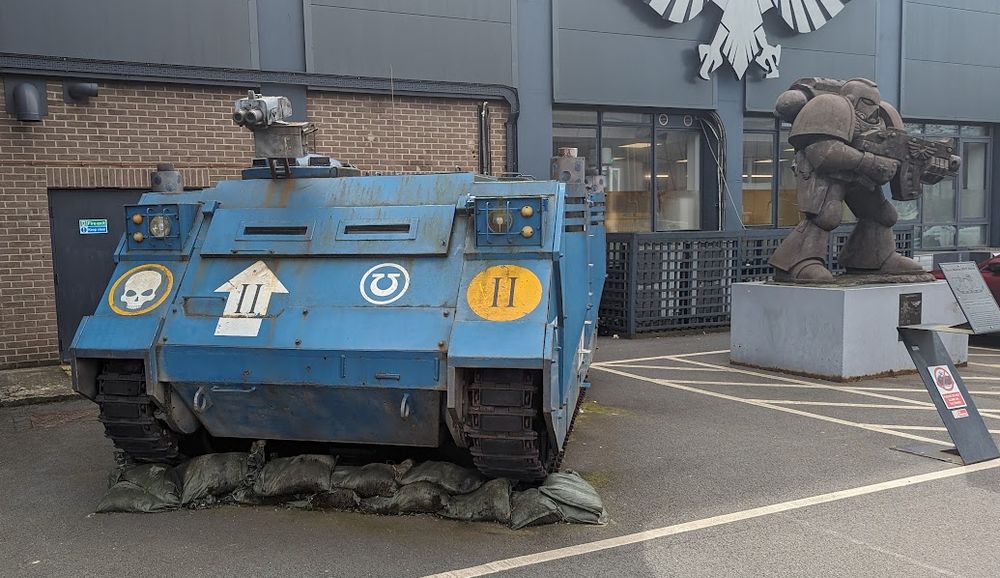 This is the Warhammer 40K Rhino parked in Nottingham at Warhammer World . 