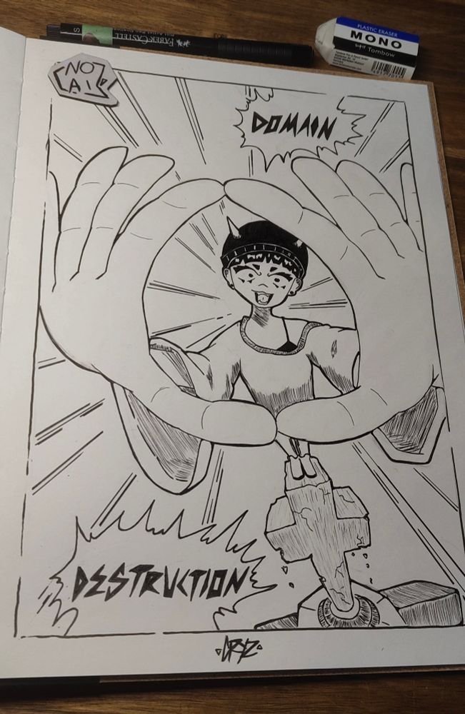 Traditionelle Zeichnung mit Tinte, zu sehen ist eine Junge Frau wie sie hoch oben auf dem Kreuz eines Kirchturms steht, die Perspektive ist noch weiter oben. Sie hält ihre Hände hoch, jeweils Zeigefinger und Daumen berühren sich. Sie ruft "Domain destruction" eine Anlehnung an den Ausruf "Domain Expansion" aus dem Manga Jujutsu kaisen. Unter ihr bröckelt das große steinernde kreuz auf dem sie steht  