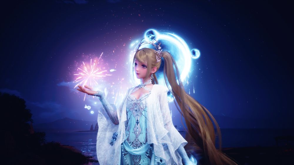 Nikki posing in front of fireworks, the angle makes it look like she set off a firework in the palm of her hand.