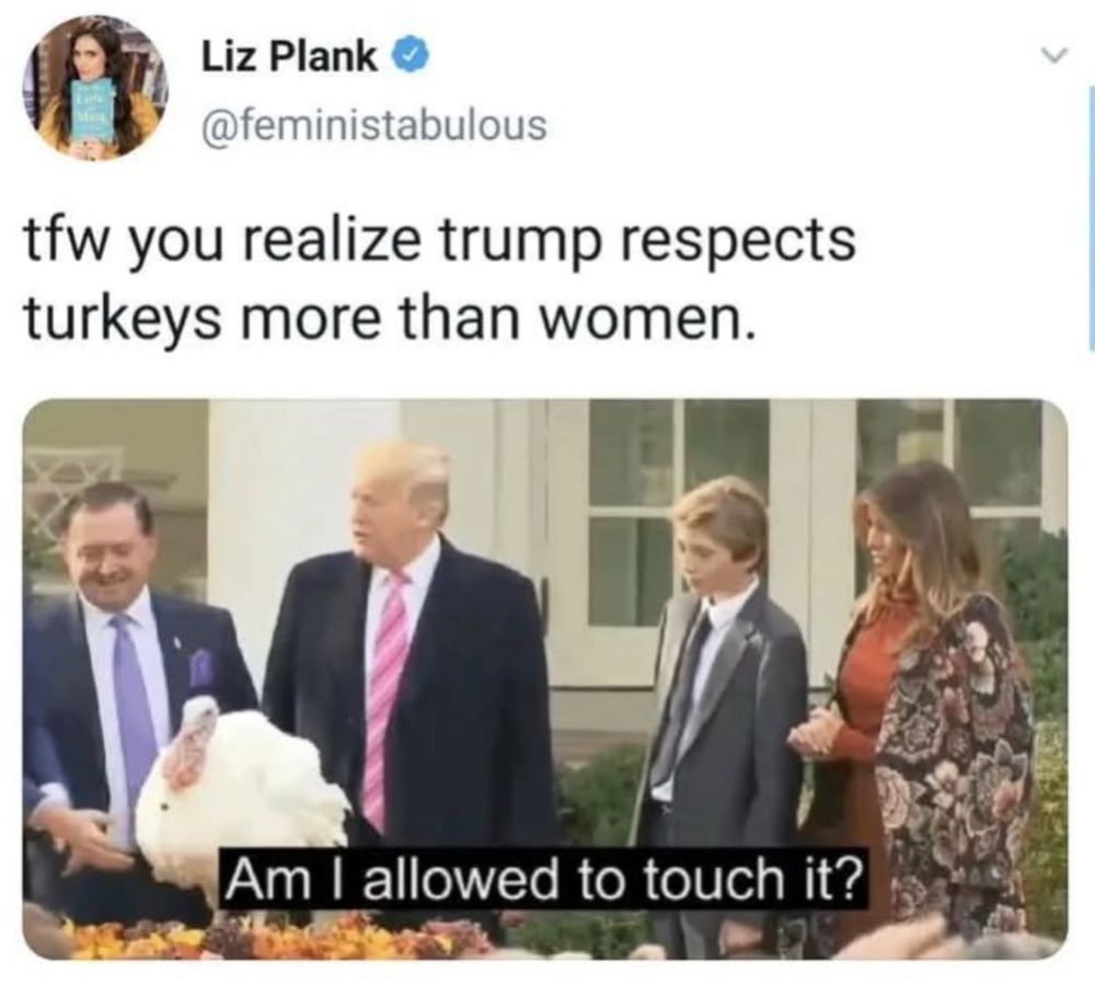 A post by Liz Plank “tfw you realize trump respects turkeys more than women”
With an image of trump talking about a turkey asking if he is allowed to touch it 