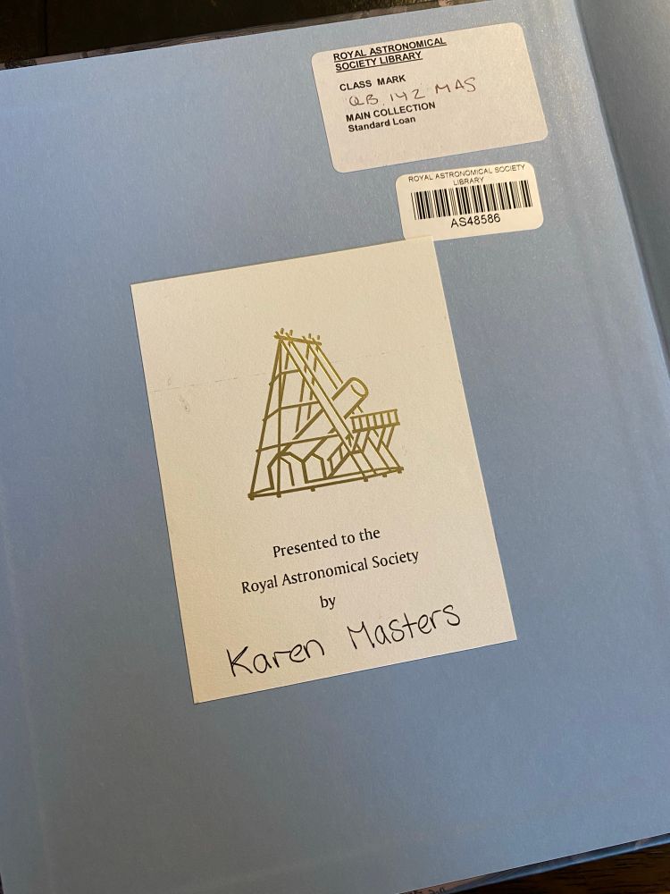 Book plate saying “Presenter to the Royal Astronomical Society by Karen Masters”