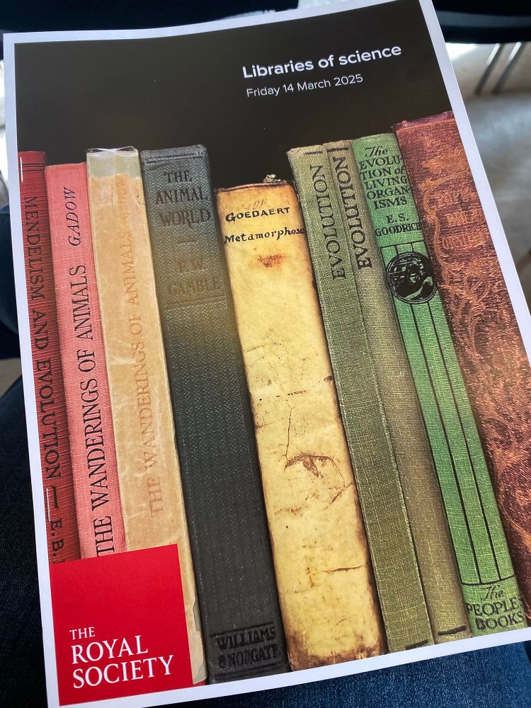 Cover of a program for “Libraries of Science” at the Royal Society” with a picture of lots of old book spines. 