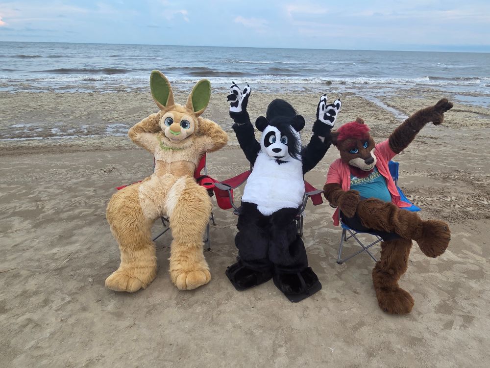 Same three fursuiters sitting in beach chairs, waving to the viewer.