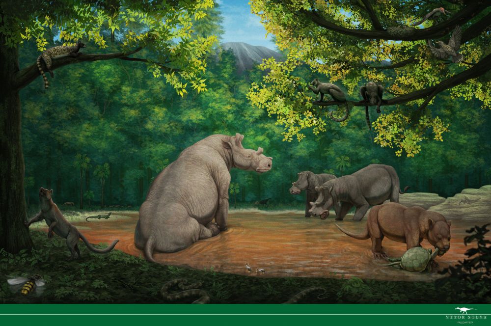 A valley in Wyoming, USA, during the Eocene.

The central figure is a "visitor", a large Tetheopsis, with a 90 cm skull and about 4 m in length. Known from the Washakie Formation, of near place and equivalent age, it may have passed through the Bridger Fm. Nearby, a pair of Uintatherium drink at the lake. These animals are slightly smaller, with 70 cm skulls and similar lengths.

A Patriofelis, over 2.5 m long, comes from the water holding a prey, a Chisternon turtle. Also in the lake, a pair of small Aletornis birds capture mollusks.

On the shore, a Saniwa lizard drinks and warms itself in the sun. In the upper left, a Vulpavus rests on a Lauraceae tree branch, unaware of the hyaenodont Sinopa watching it from below. Two female Notharctus, primates around 40 cm long (not counting the tail), feed on Sapindaceae tree leaves. Nearby in the same tree, a pair of Zygodactylus. birds try to stop Titanomyrma ants (3 cm workers) from reaching their nest.

On the forest ground, a 2 m long Boavus slithers through the dry leaves. Near it, closer to the viewer, a wasp-mimicking bug, a Chimaeroblattina, flies.

In the left corner background, the ungulate predator Mesonyx follows a herd of Orohippus, small equids. Also present is the large bird Gastornis, foraging for plants in the center, behind the lake. Though not directly from the Bridger Fm., its presence is inferred from the nearby Green River Fm., like the Zygodactylus, Titanomyrma, and Chimaeroblattina.

Plants include sequoias, Sabalites palms and ferns on the forest floor, elements known from the rare flora fossils of the Bridger Fm. Again inspired by the Green River Fm., a more diverse angisperm forest is shown for this time and place, with trees like oak, cinnamon, and maple, the other mentioned Sapindaceae and Lauraceae, plus some cucurbits near the ground.

Among the rocks on the lake shore, erosion reveals a glimpse to the past, a Torosaurus skull.