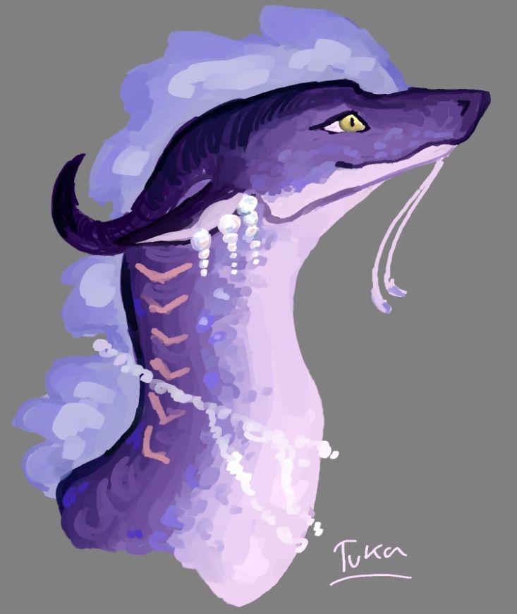 a purple seawing from wings of fire. she is dark, with pinker underscales, two whiskers along her chin and six gills. She has a blue-purple Ridge of fins along her spine. She is wearing a necklace of pearls and three tiered pearl earrings. text beside her reads "Tuka". 
