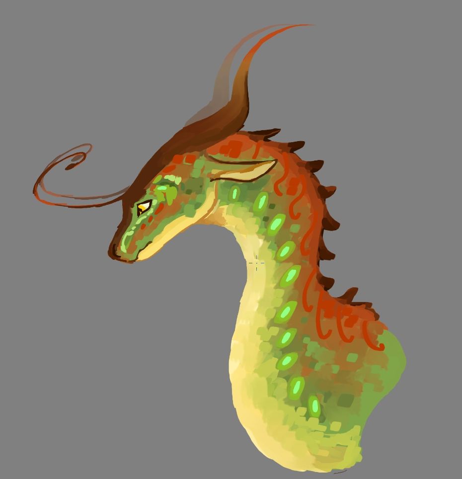 a painted silkwing from wings of fire. he is soft and anxious-looking, with yellow underscales and bright red patterns along his back that contrast with the dominan green he is coloured with. he has yellow eyes and curling antennae