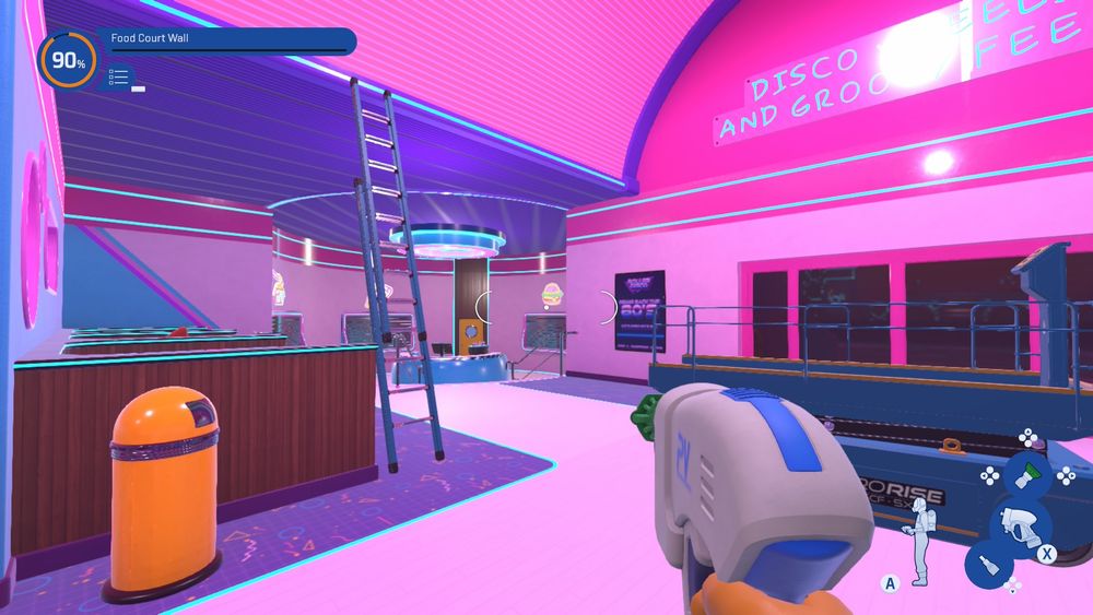 A bright pink and purple rollar disco level. Here it shows some seating and a snack area in the back. You can see some tools i used as well. A ladder and a lift. 