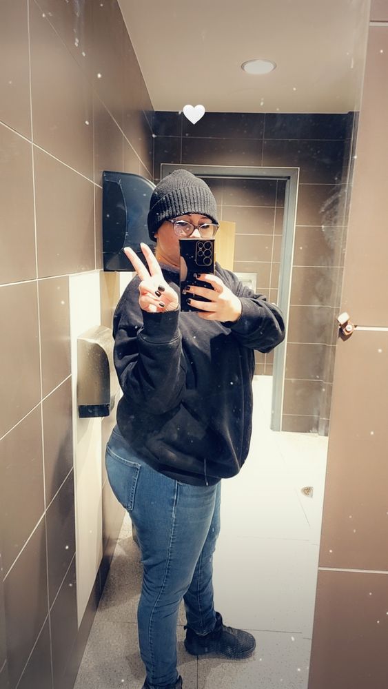 All bundled up for work. Black pullover with black beanie and jeans cause its a friday! Bathroom selfie. 