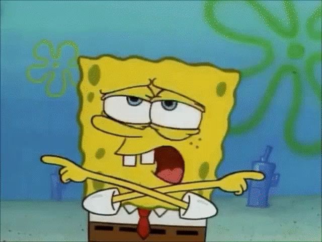 spongebob squarepants is making a funny face while crossing his arms and pointing at something .