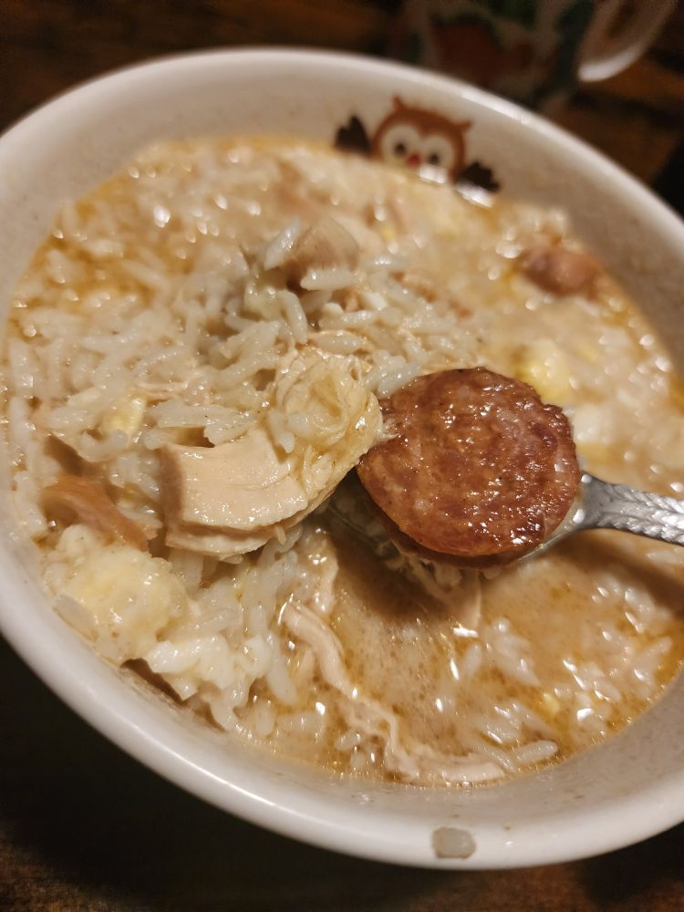 My owl bowl with gumbo and potato salad. 