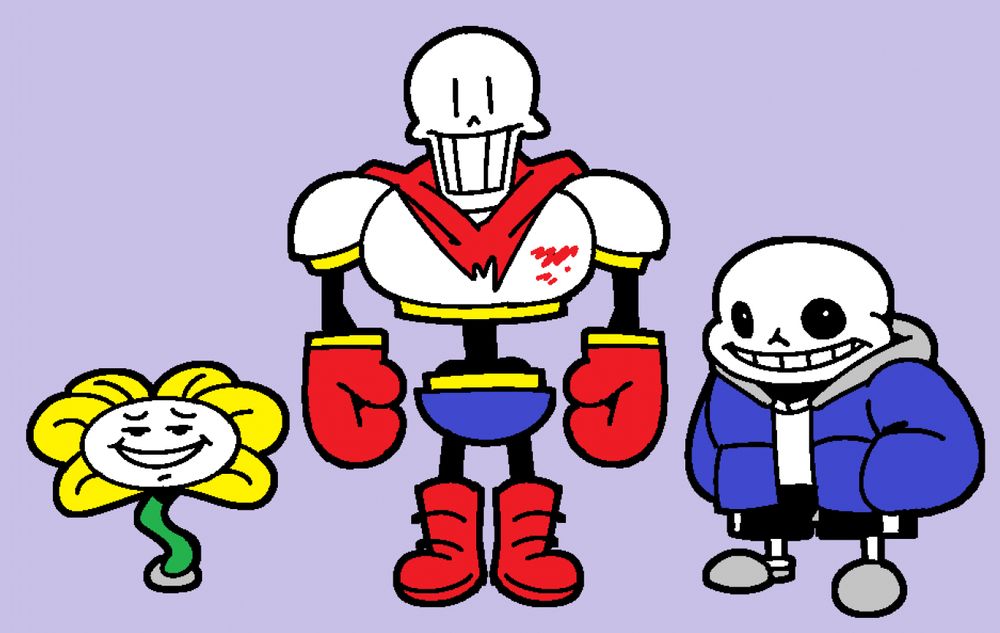 a yellow flower with a smug expression, a tall skeleton in armor, and a short skeleton in casual attire; all of which derive from the hit game, UNDERTALE