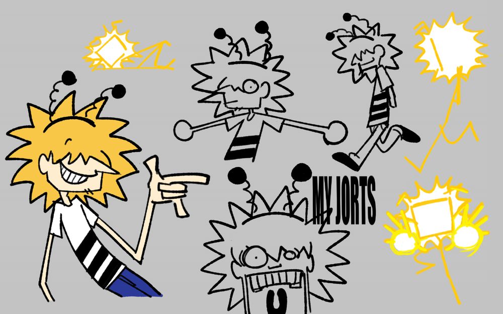 various doodles of a tall blonde person, who is a humanized version of a stick figure