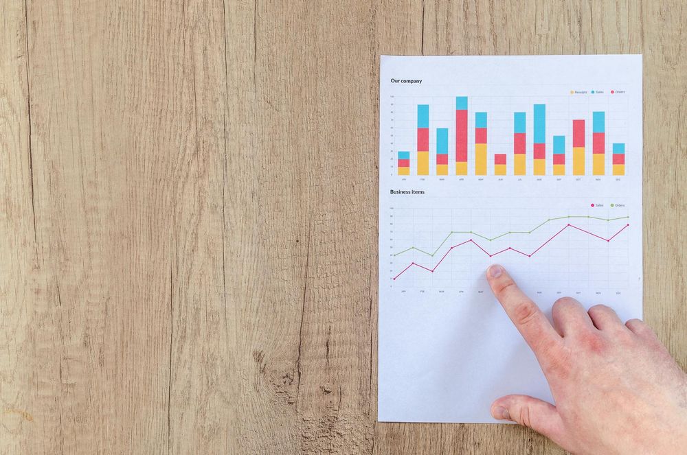 Image shows a bar chart and line graph with colorful data. A person's hand is visible, index finger pointing to the data. (Data details are not visible; this is a sample only.)