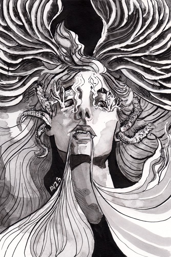 A greyscale ink drawing - a white feminine face from a low angle. Smoke pours down out of the mouth, more floats up from the tear ducts of hollow eye sockets. Devil's finger mushrooms grow from the ears, and staghorn fungus grows at the outer eye corners. Long, pale hair flows outwards around the face, and around eyebrow-level upwards, changes to look like the gills of a mushroom. The expression is slack and relaxed.