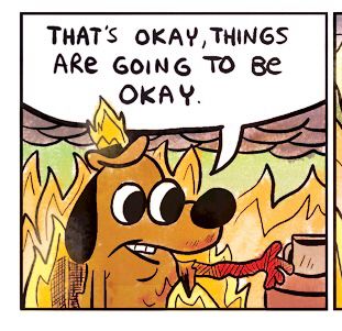 The Question Hound has started melting but still telling himself “That’s okay, things are going to be okay.” Because the pills are working.