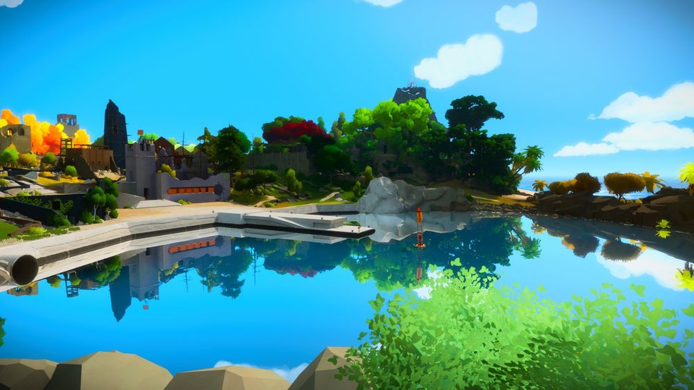 Screenshot of The Witness, overlooking a dock with some buildings in the background