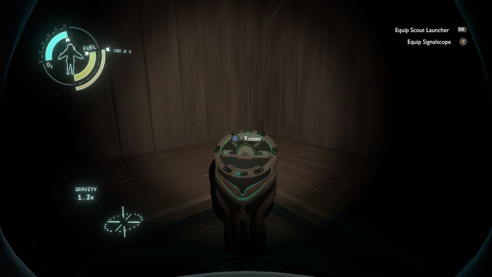 Outer Wilds screenshot, of the inside of a dark wooden cabin. The player's looking at a device and there's a button prompt to "Rotate" it.