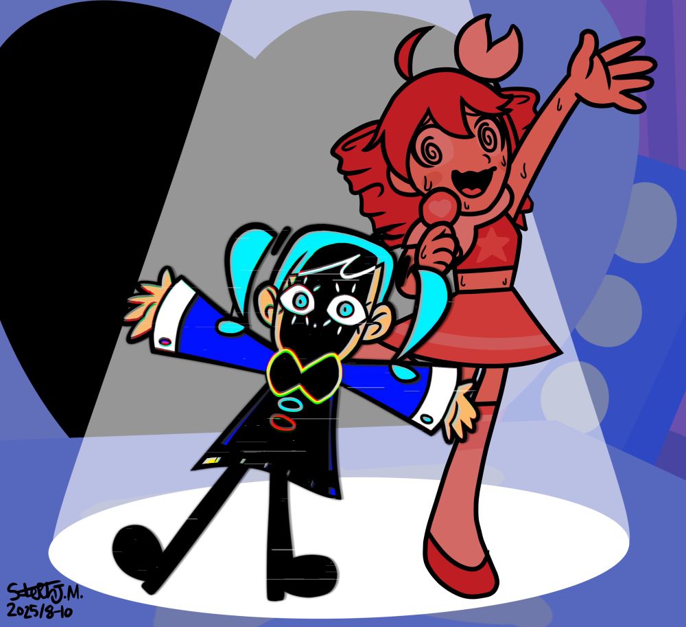 artwork of two Vocaloid characters on a heart-themed stage. The character on the left, Hatsune Miku, is based on the design used in the MV for Static. The character on the right, Kasane Teto, is based on the design used in the MV for Spoken For. The once pink background is now dark blue in tone, with a blinding white spotlight above both Miku and Teto. Miku stares directly at the viewer now, her face cloaked in black. Teto, while still smiling, is sweating profusely, looks ready to cry, and her eyes are now spirals. Her color palette has also shifted to a red hue. The heart screen behind the two is completely pitch black.