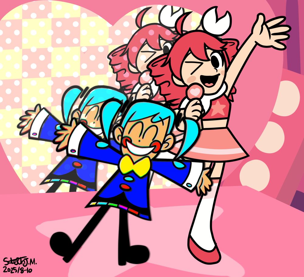artwork of two Vocaloid characters on a heart-themed stage. The character on the left, Hatsune Miku, is based on the design used in the MV for Static. The character on the right, Kasane Teto, is based on the design used in the MV for Spoken For. Both characters look happy and joyful. In the background, the heart screen shows a duplicate image of both characters.