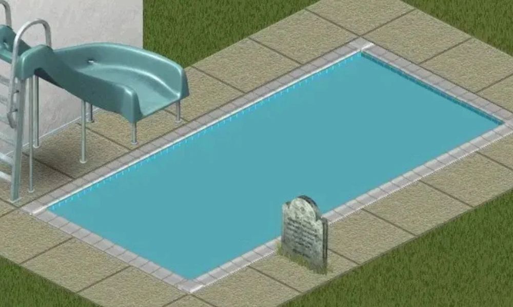 A tombstone next to a swimming pool with a water slide in The Sims 1