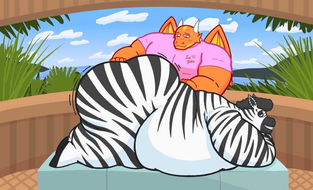 A zebra with a HUGE fat ass getting a massage from a beefy orange dragon named Flare