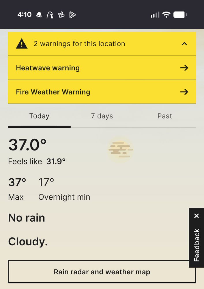 A screenshot of the BOM website showing an outside temperature of 37 degrees
