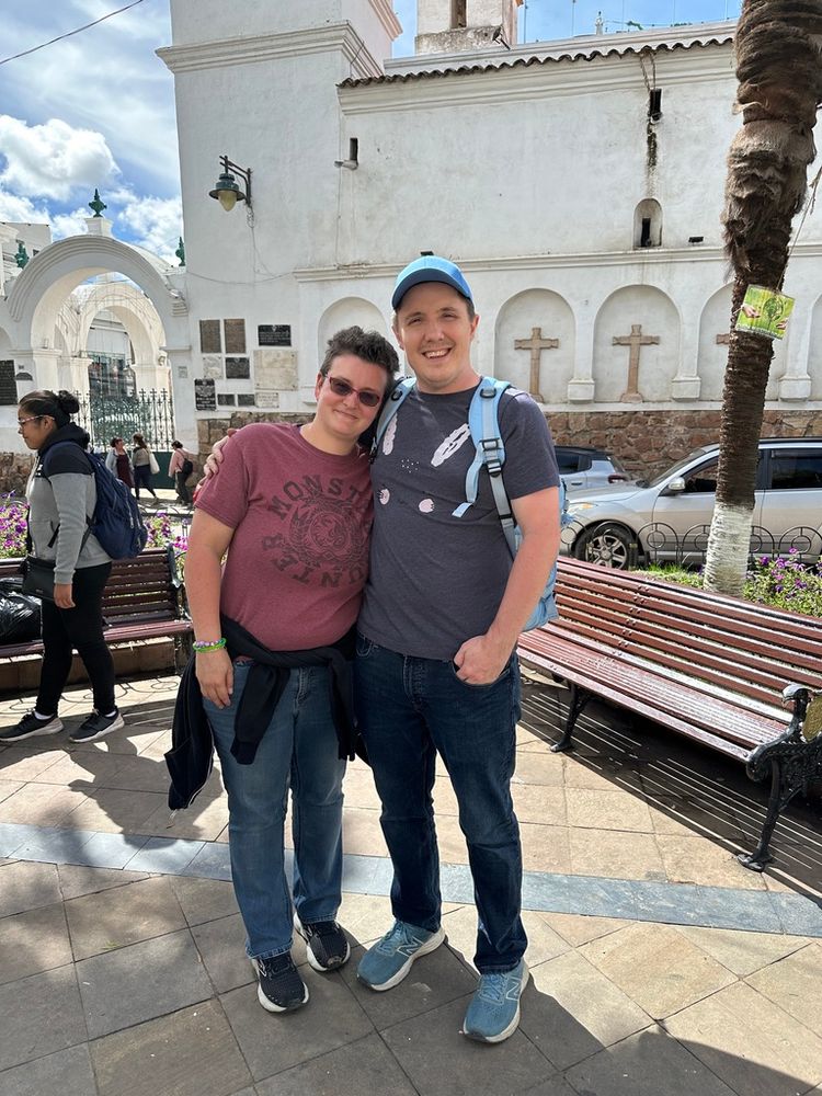 A photo of myself and my beautiful wife in a town square in Sucre, Bolivia!