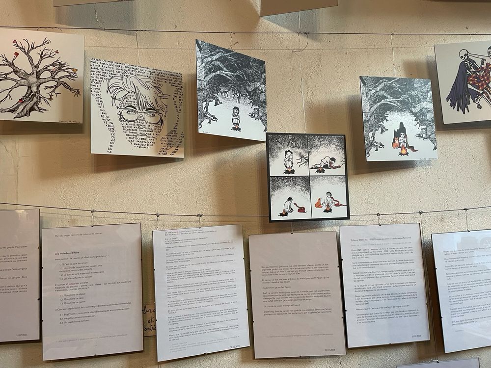 en haut: rangée de dessins de Julie Mazaleigue imprimés sur du métal?, en dessous, des pages A4 avec des twitts de Julie, le tout suspendus sur un mur beige